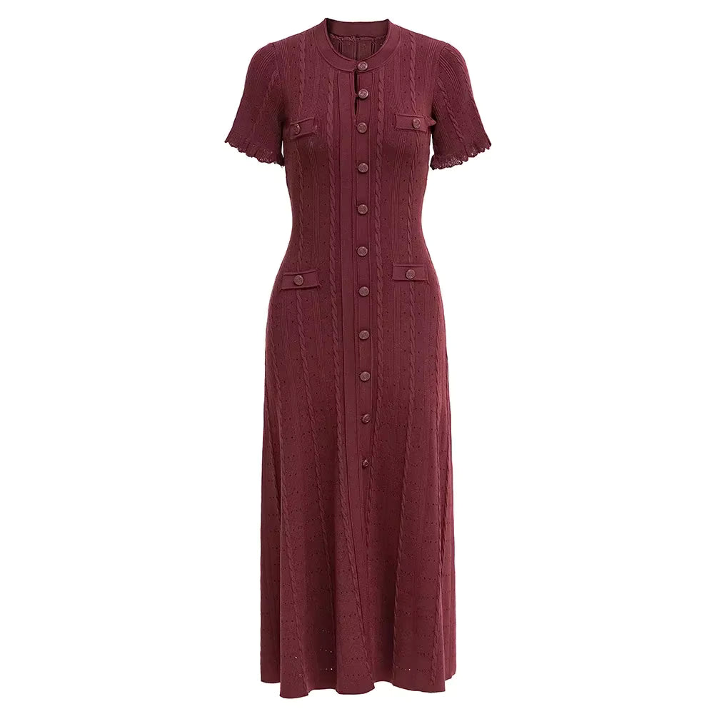 Burgundy Cable-Knit Button-Front Midi Dress | Fitted Waist A-Line Sweater Dress