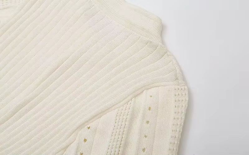 Cream Knitted Short-Sleeve Midi Dress