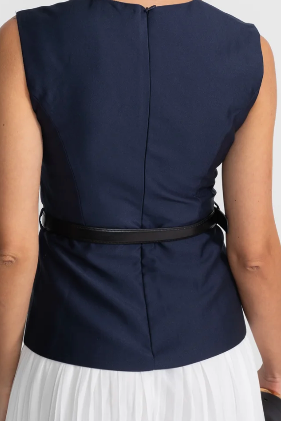 Navy & White Pleated Midi Dress