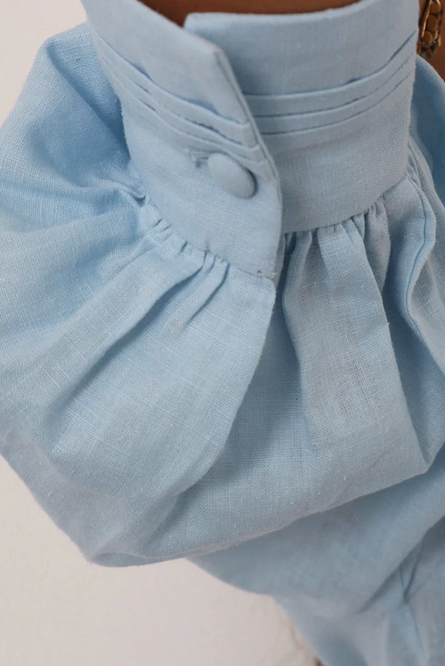Blue Linen Puff Sleeve Top & Shorts Set