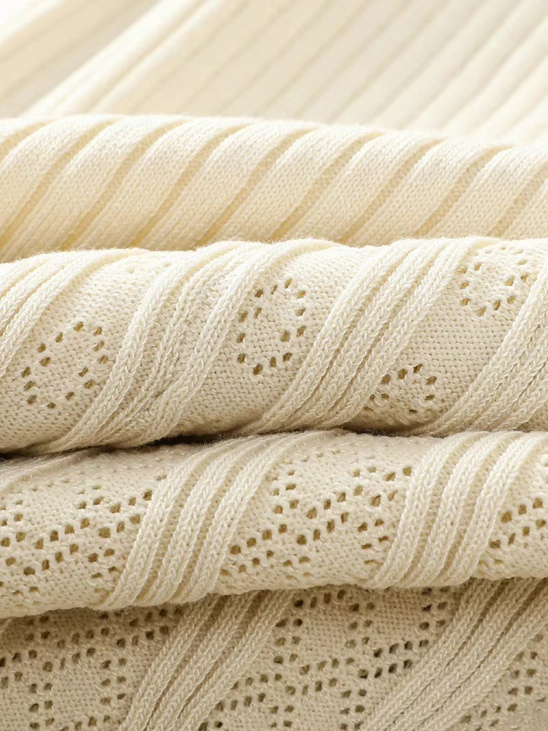 Ivory Ribbed Knit Collared Midi Dress