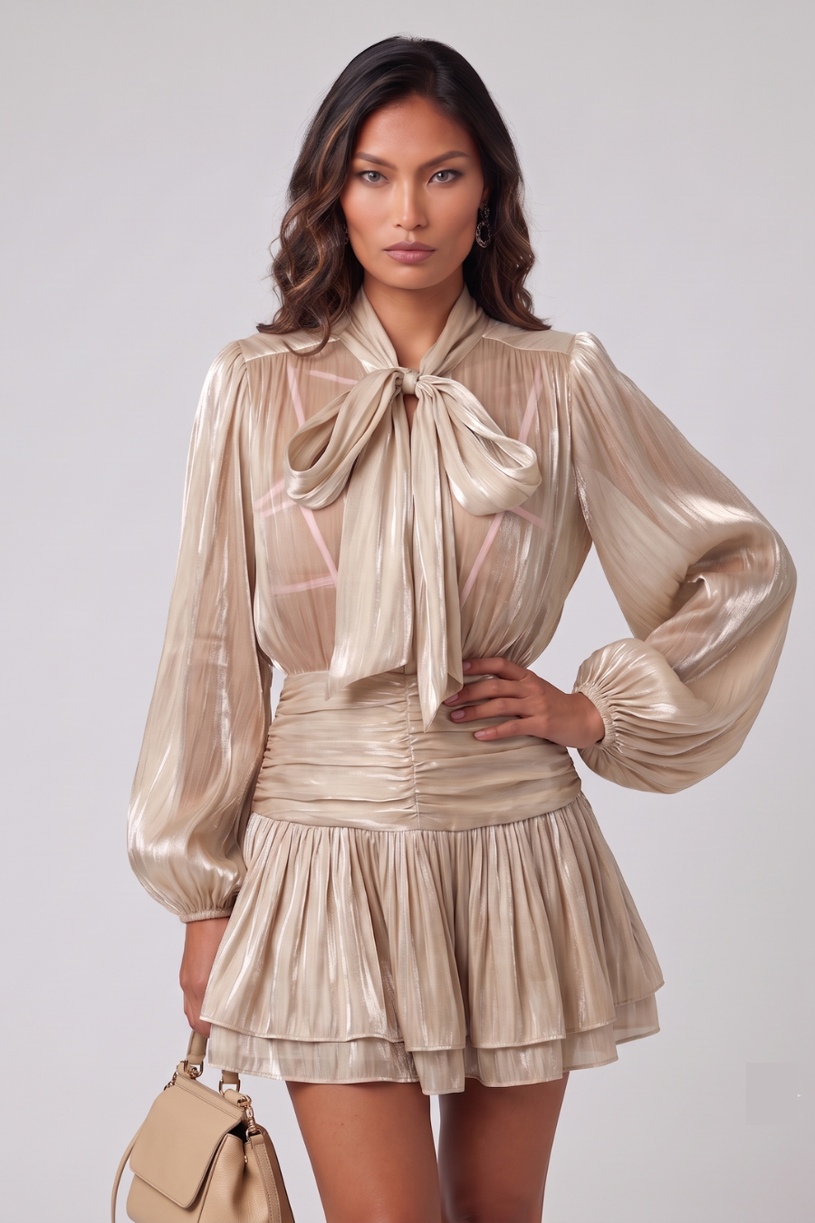 Champagne Gold Sheer Organza Blouse & Mini Skirt Set