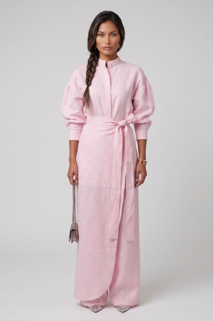 Woman wearing a linen pink three piece set with a belt on a white background