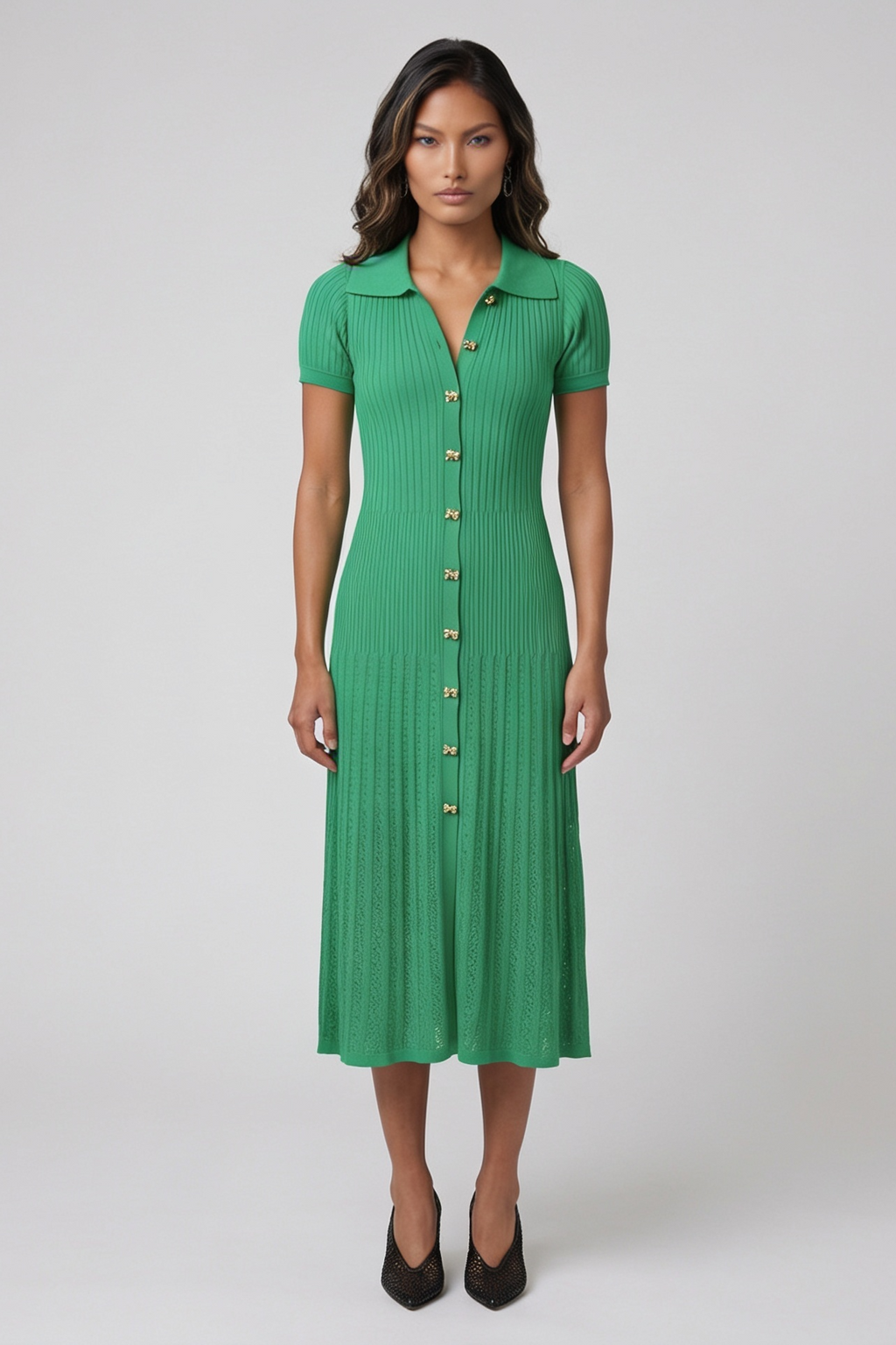 Green Short-Sleeve Midi Dress