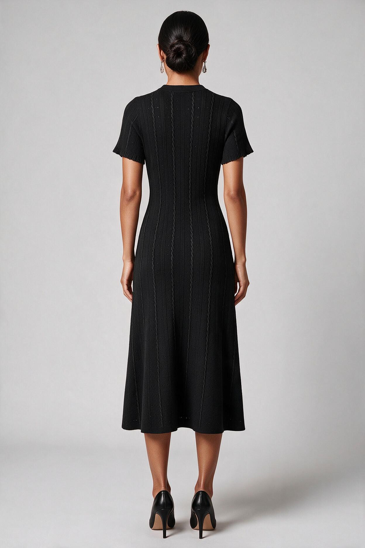Black Cable-Knit Button-Front Midi Dress | Fitted Waist A-Line Sweater Dress