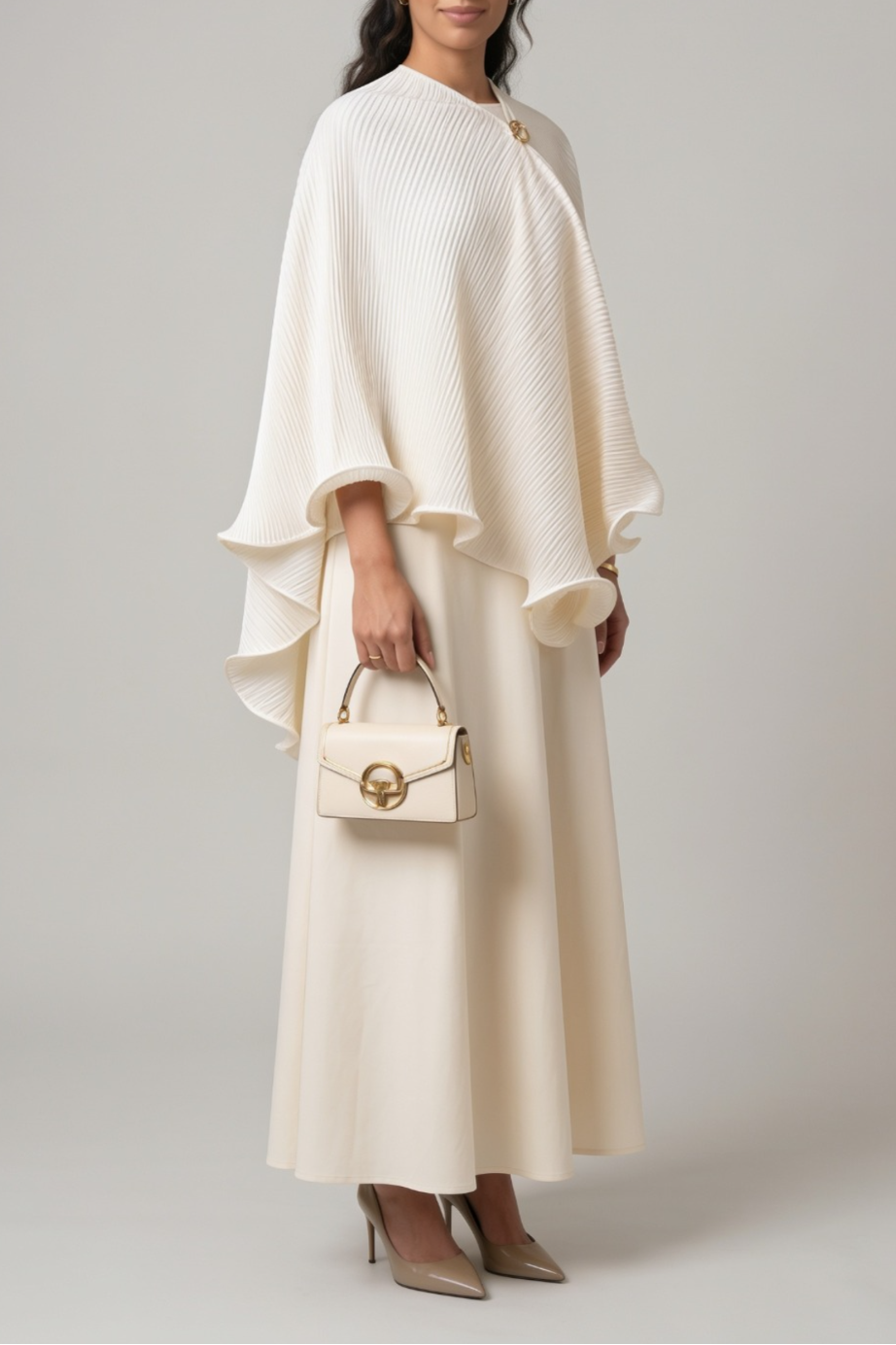 Cream Cape-Sleeve Maxi Dress with Fringe Trim