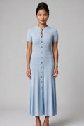Powder Blue Button-Front Knit Midi Dress