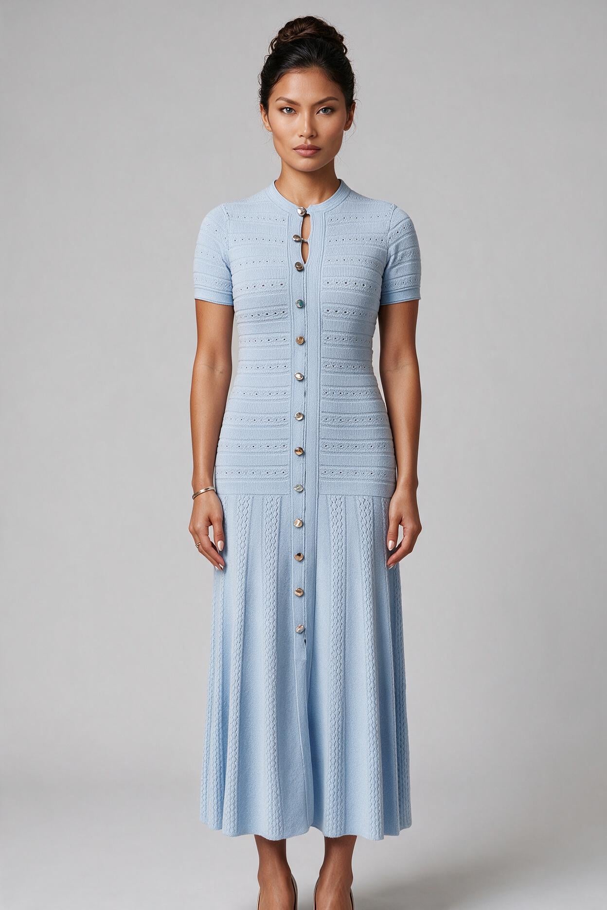 Powder Blue Button-Front Knit Midi Dress