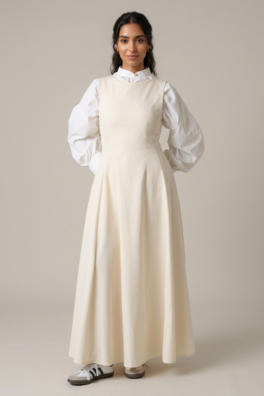 Cream High-Neck Long-Sleeve Maxi Dress