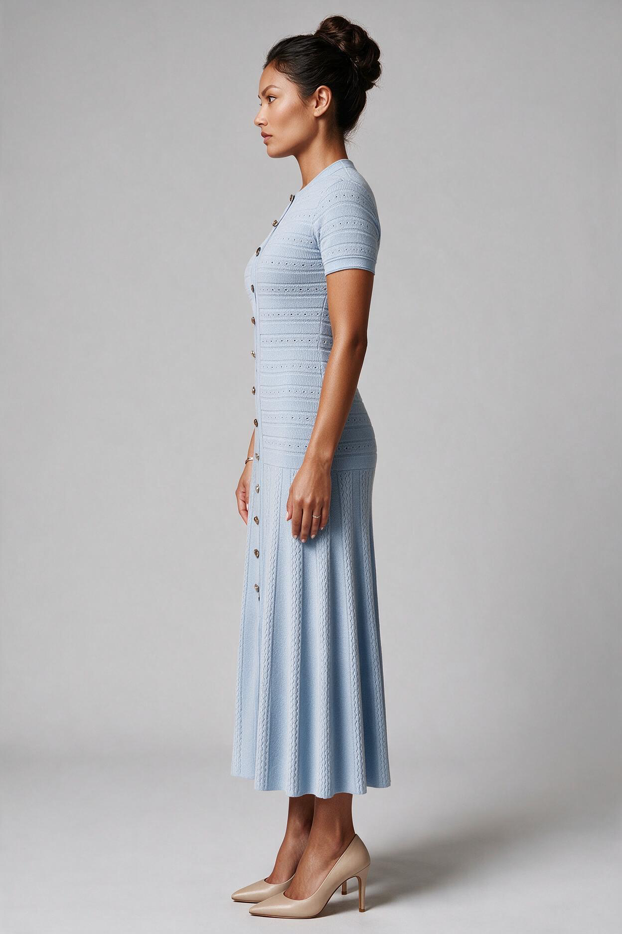 Powder Blue Button-Front Knit Midi Dress