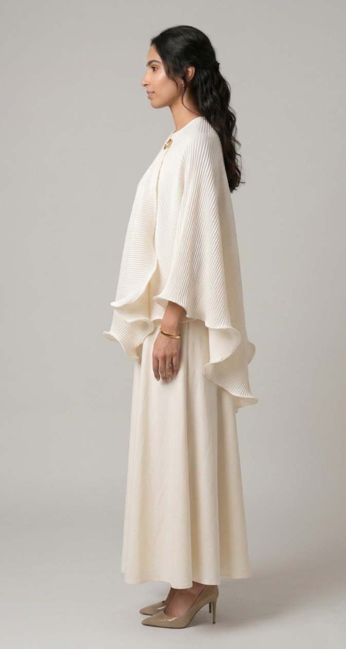Cream Cape-Sleeve Maxi Dress with Fringe Trim
