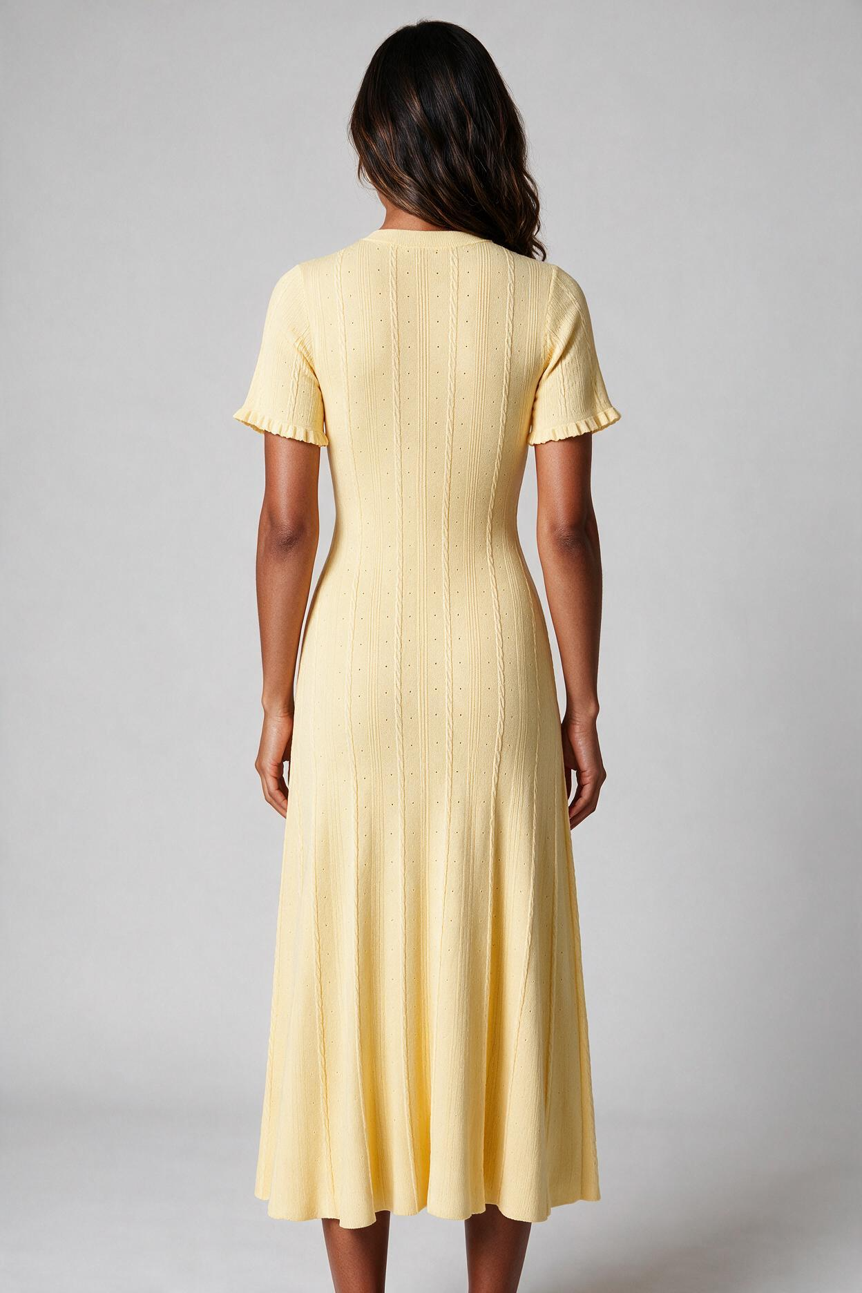 Yellow Cable-Knit Button-Front Midi Dress