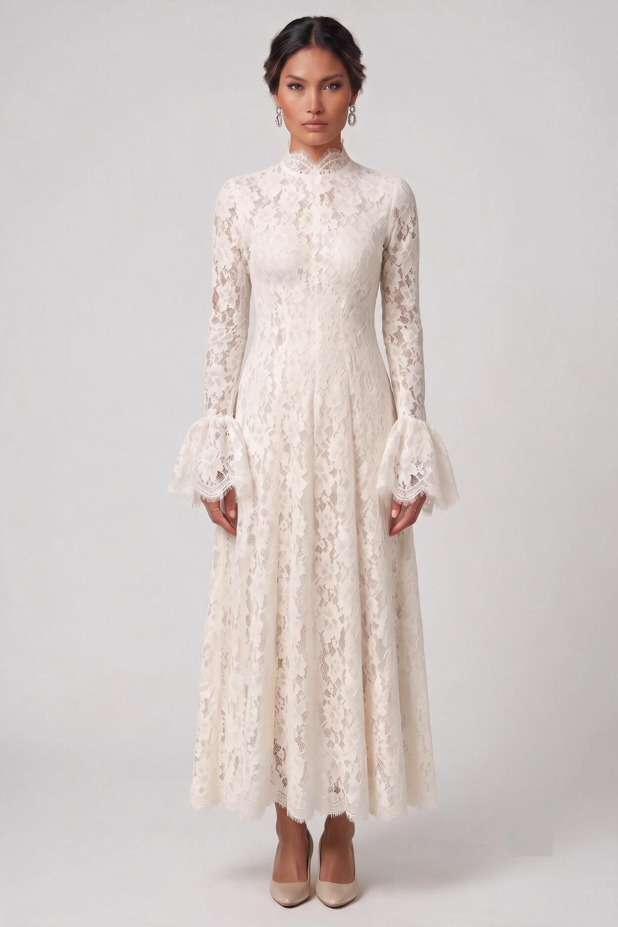 Ivory Lace High-Neck Maxi Dress