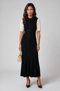 Black Contrast-Sleeve Button-Front Knit Midi Dress