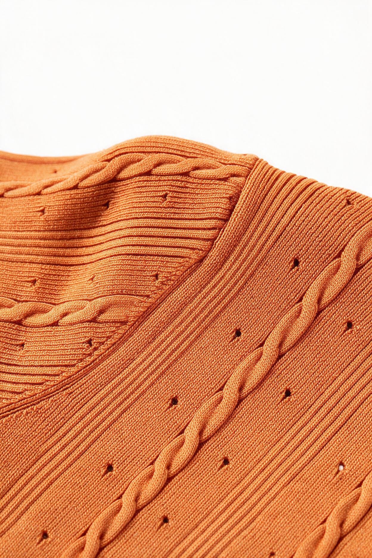 Orange Cable-Knit Button-Front Midi Dress | Fitted Waist A-Line Sweater Dress