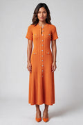 Orange Cable-Knit Button-Front Midi Dress | Fitted Waist A-Line Sweater Dress