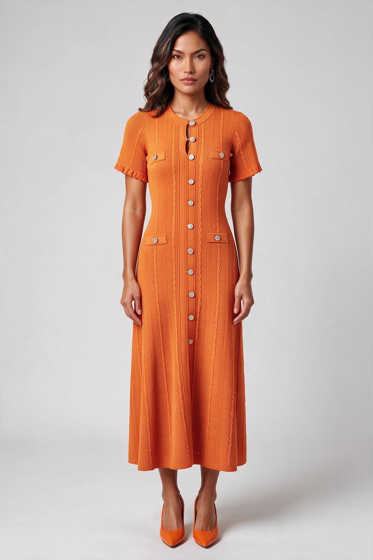 Orange Cable-Knit Button-Front Midi Dress | Fitted Waist A-Line Sweater Dress