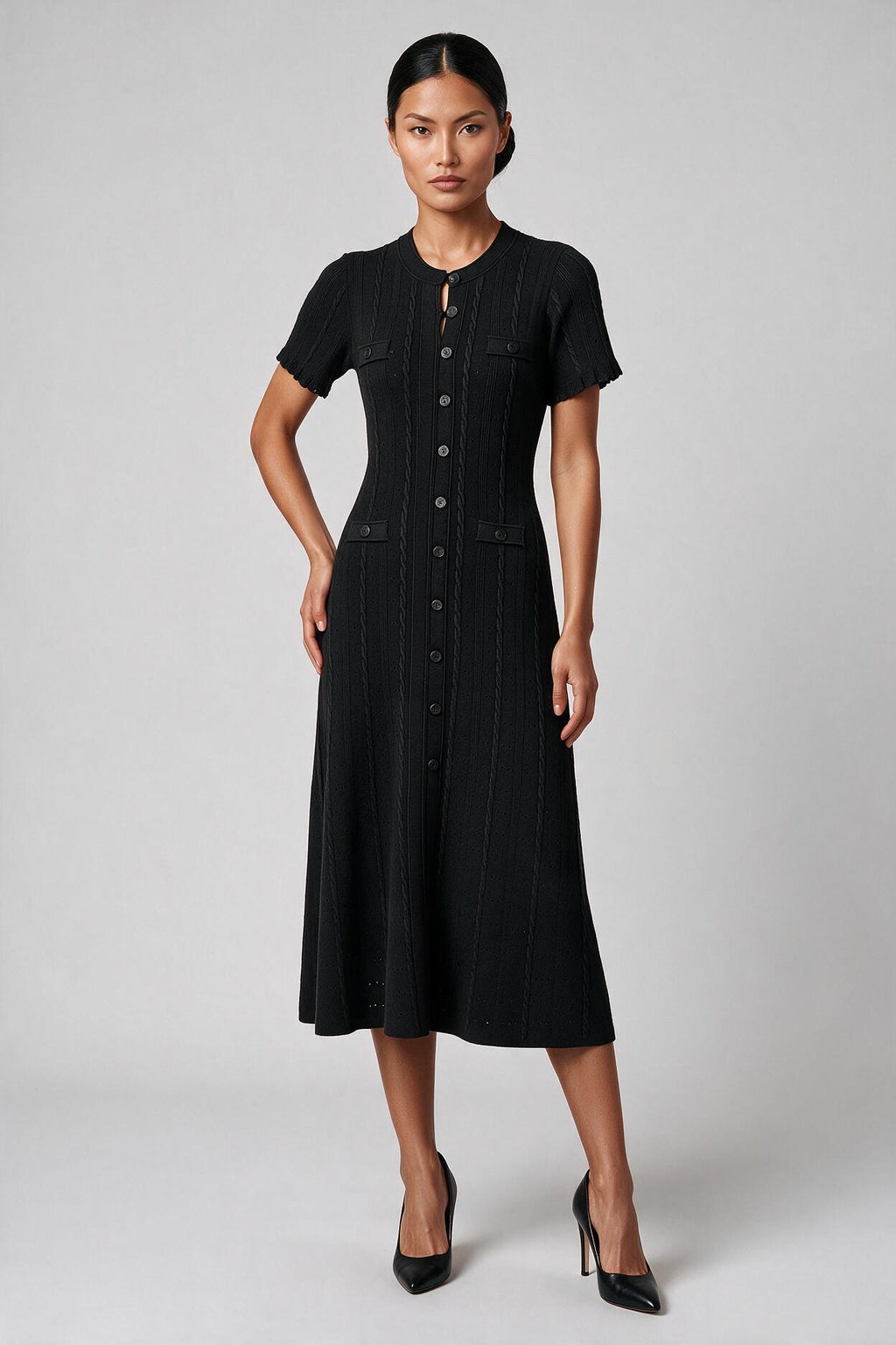Black Cable-Knit Button-Front Midi Dress | Fitted Waist A-Line Sweater Dress