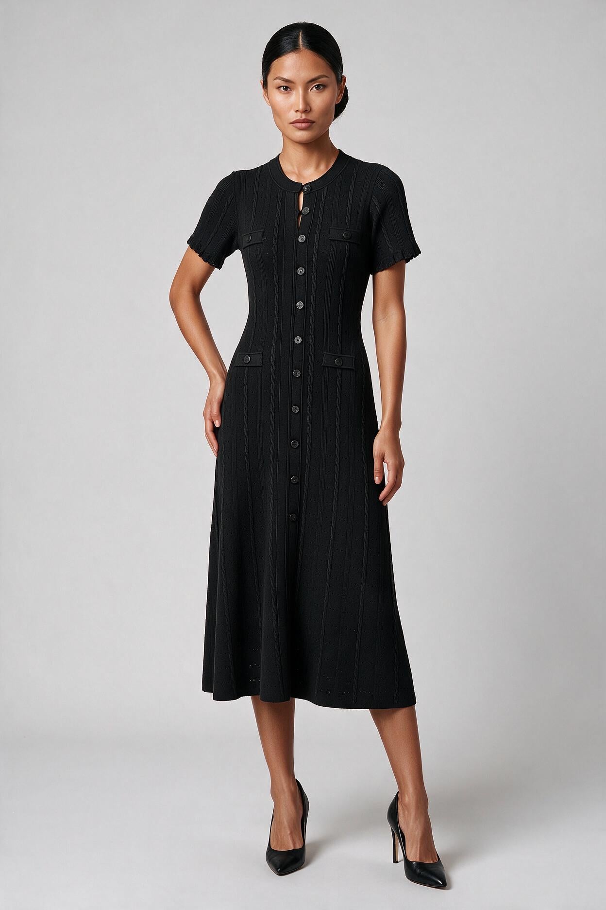 Black Cable-Knit Button-Front Midi Dress | Fitted Waist A-Line Sweater Dress