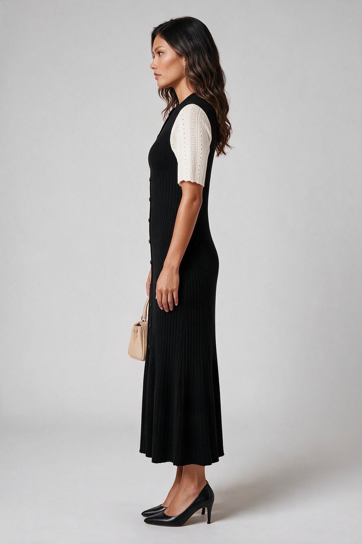 Black Contrast-Sleeve Button-Front Knit Midi Dress