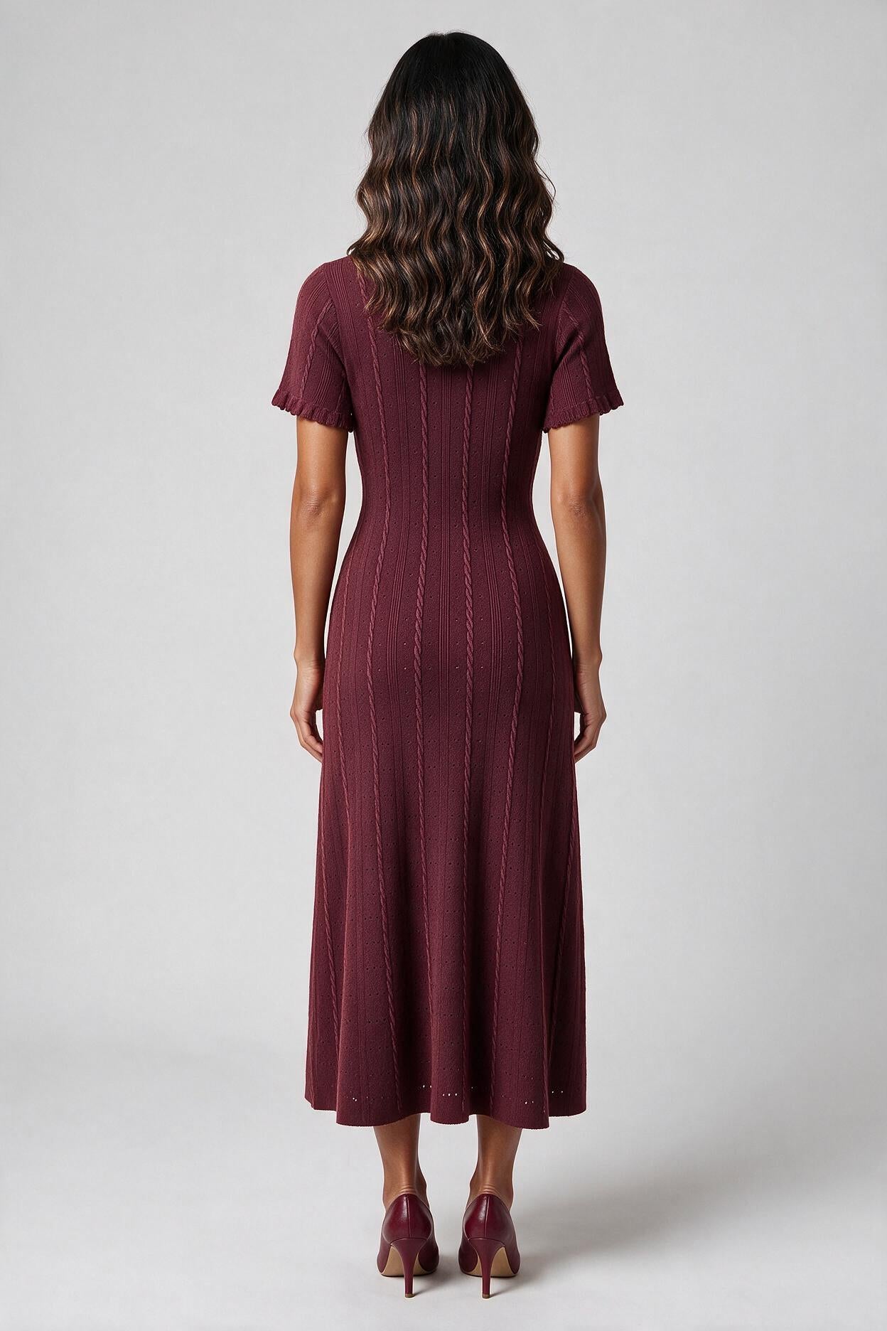 Burgundy Cable-Knit Button-Front Midi Dress | Fitted Waist A-Line Sweater Dress