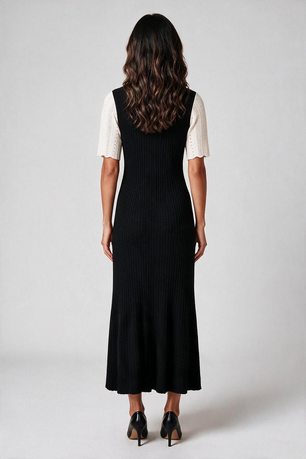 Black Contrast-Sleeve Button-Front Knit Midi Dress