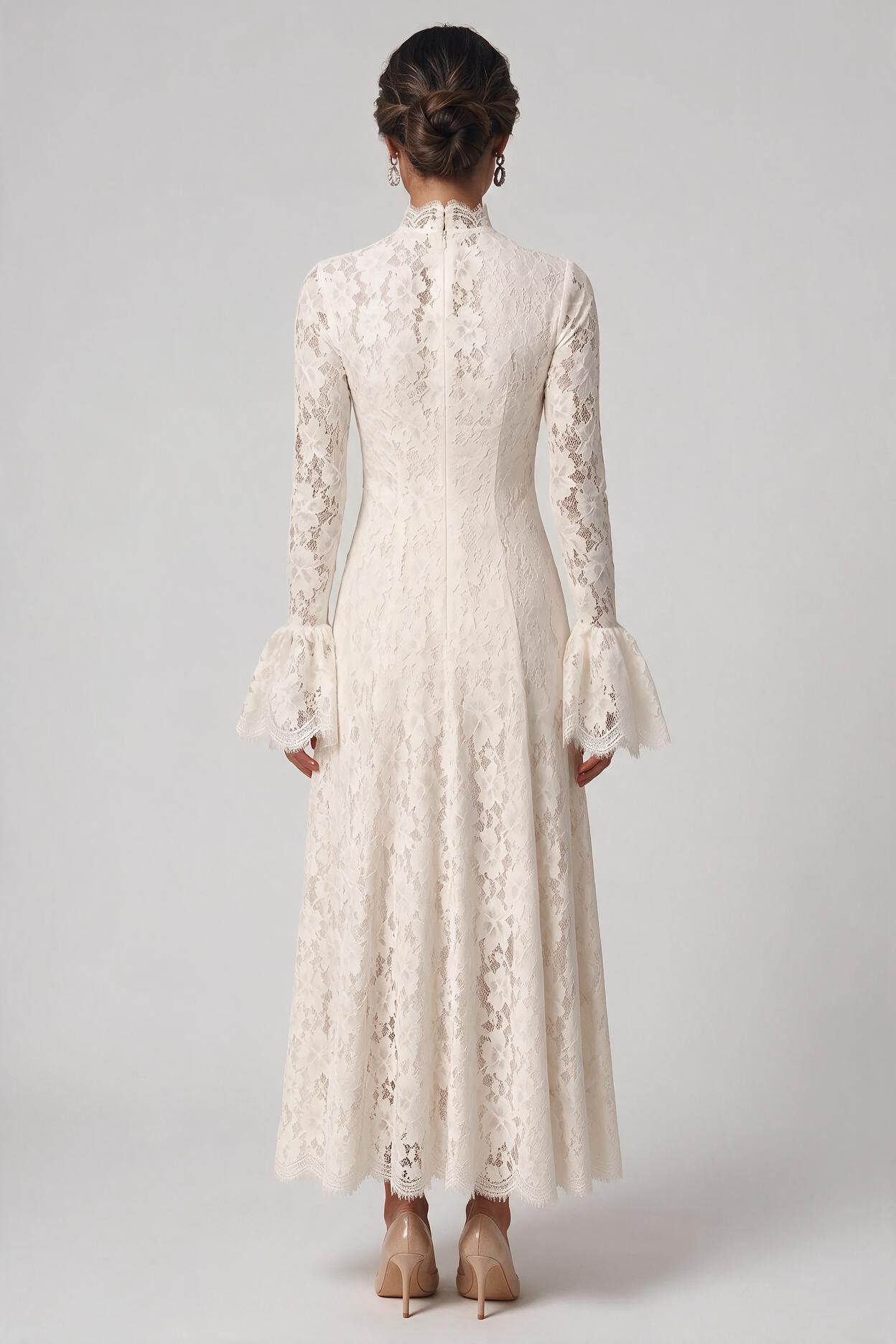 Ivory Lace High-Neck Maxi Dress