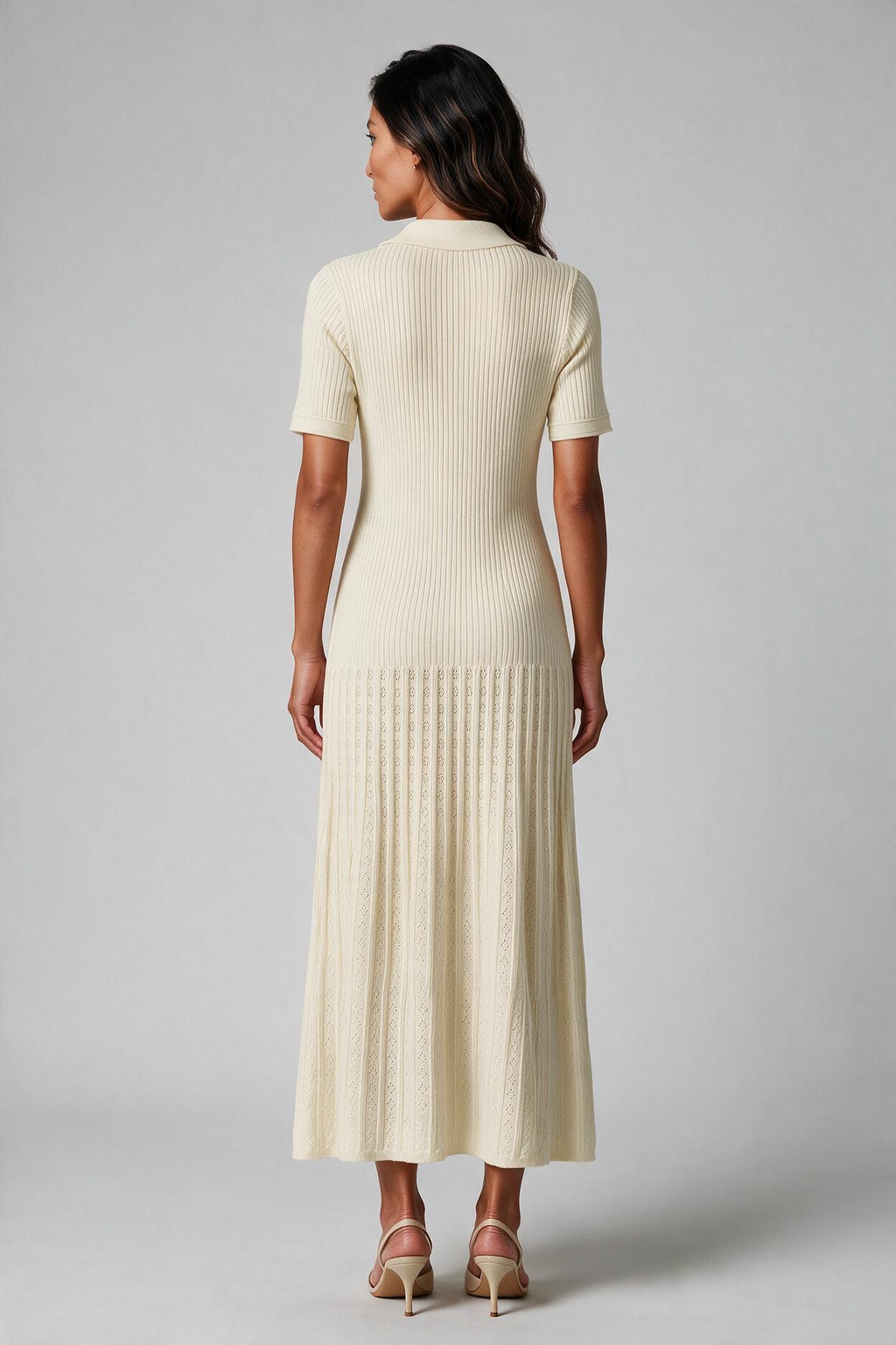 Ivory Ribbed Knit Collared Midi Dress