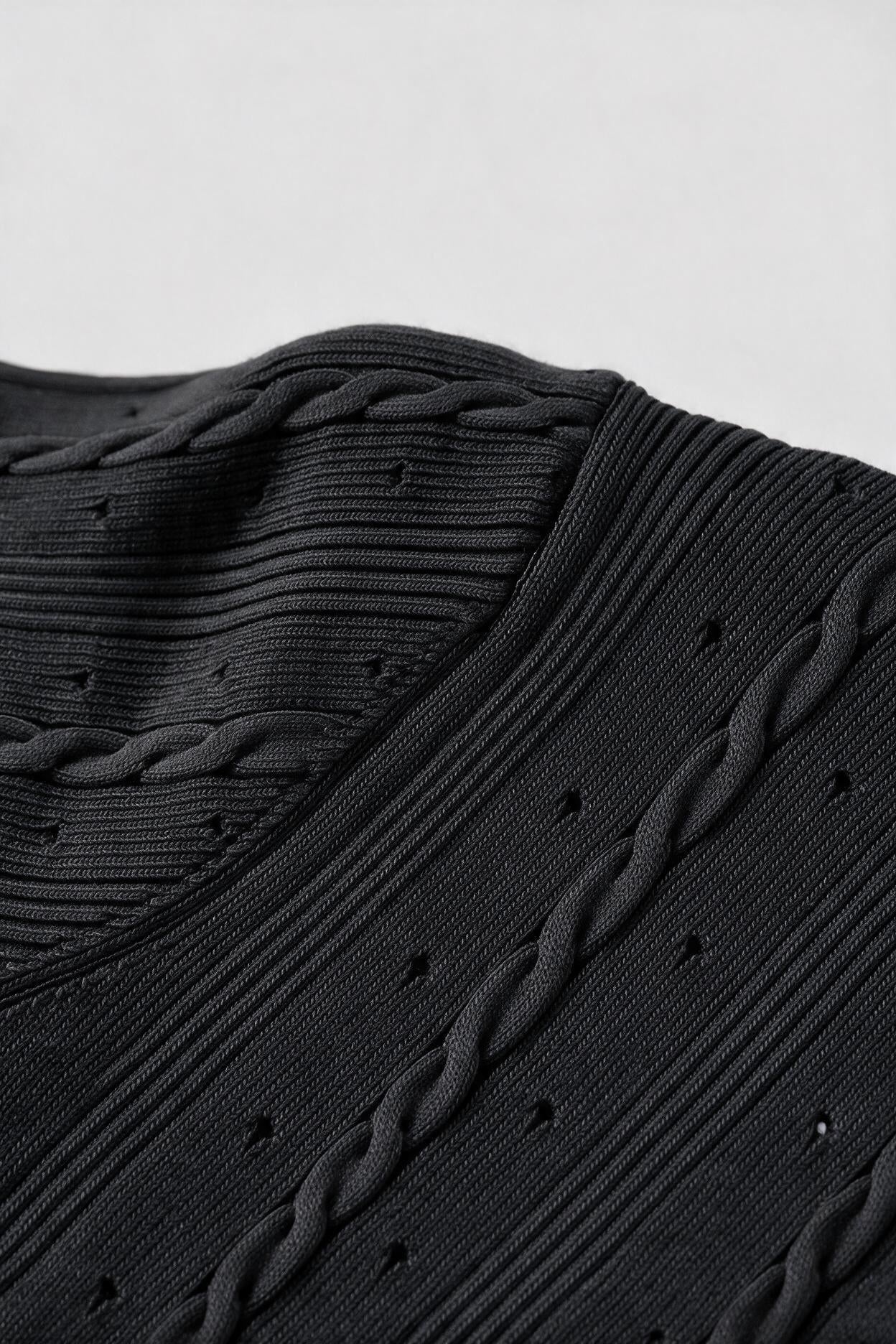 Black Cable-Knit Button-Front Midi Dress | Fitted Waist A-Line Sweater Dress