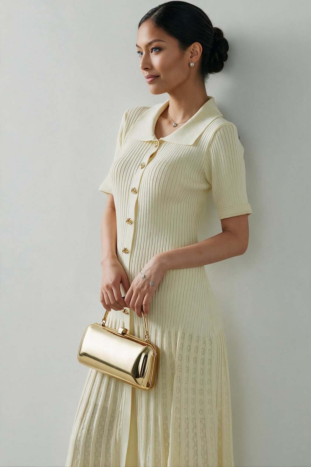 Ivory Ribbed Knit Collared Midi Dress