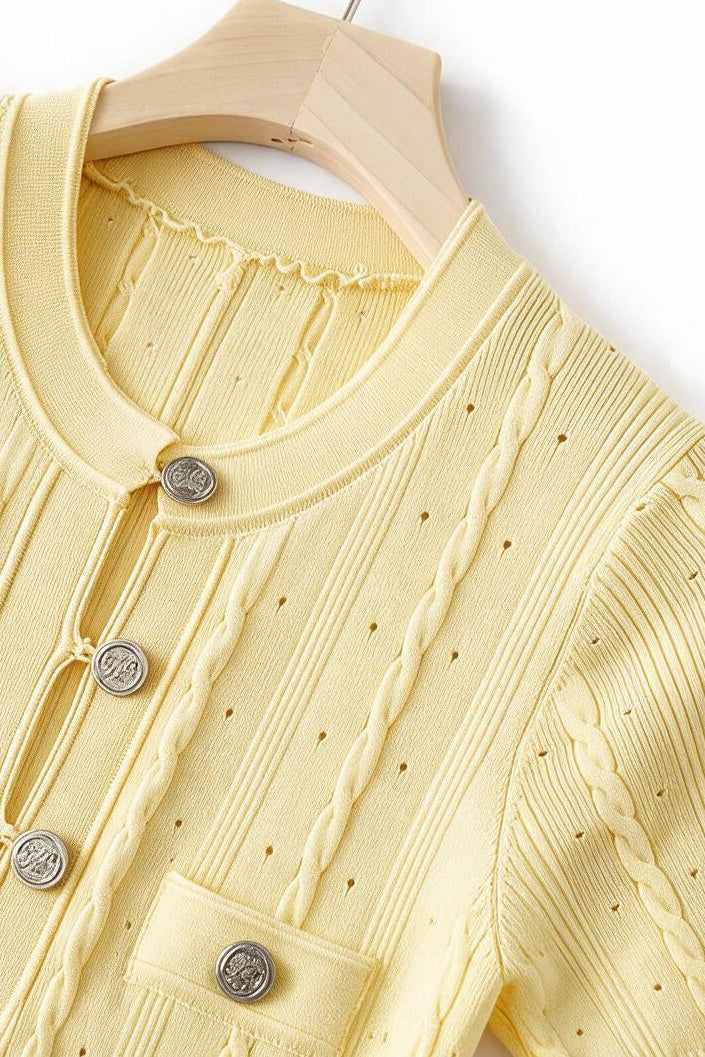 Yellow Cable-Knit Button-Front Midi Dress