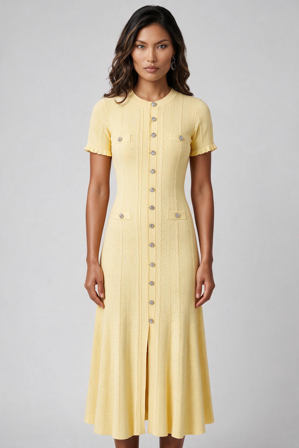 Yellow Cable-Knit Button-Front Midi Dress