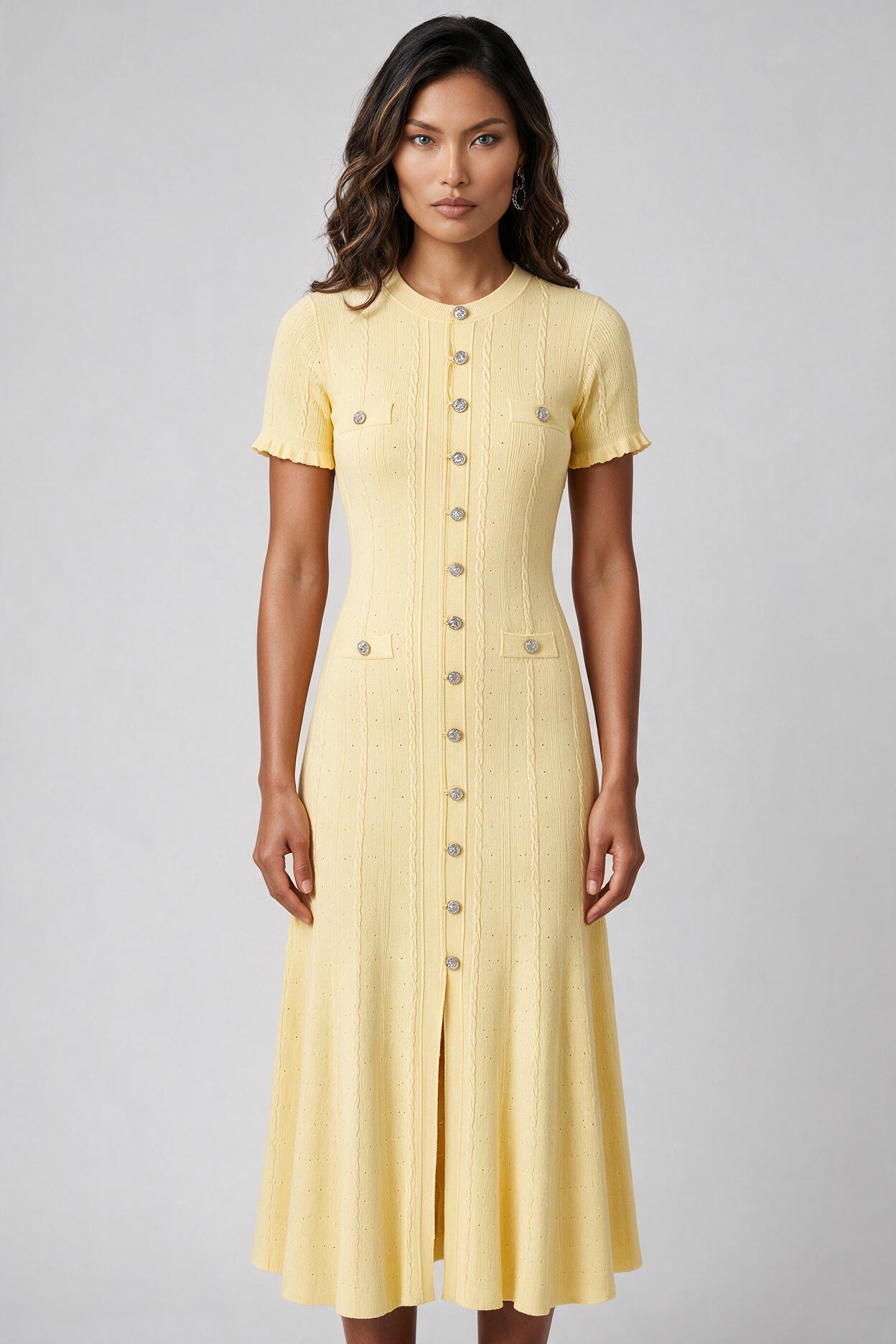 Yellow Cable-Knit Button-Front Midi Dress