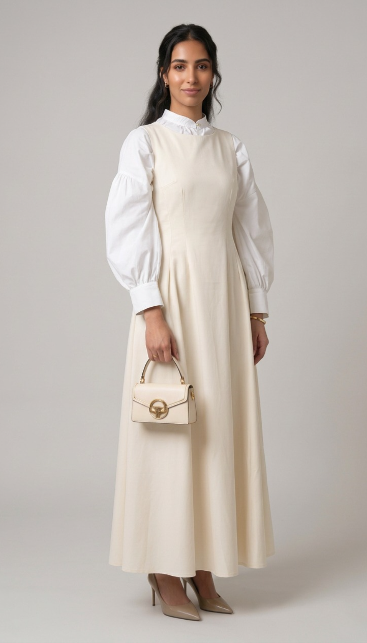 Cream High-Neck Long-Sleeve Maxi Dress