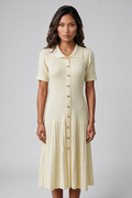 Ivory Ribbed Knit Collared Midi Dress