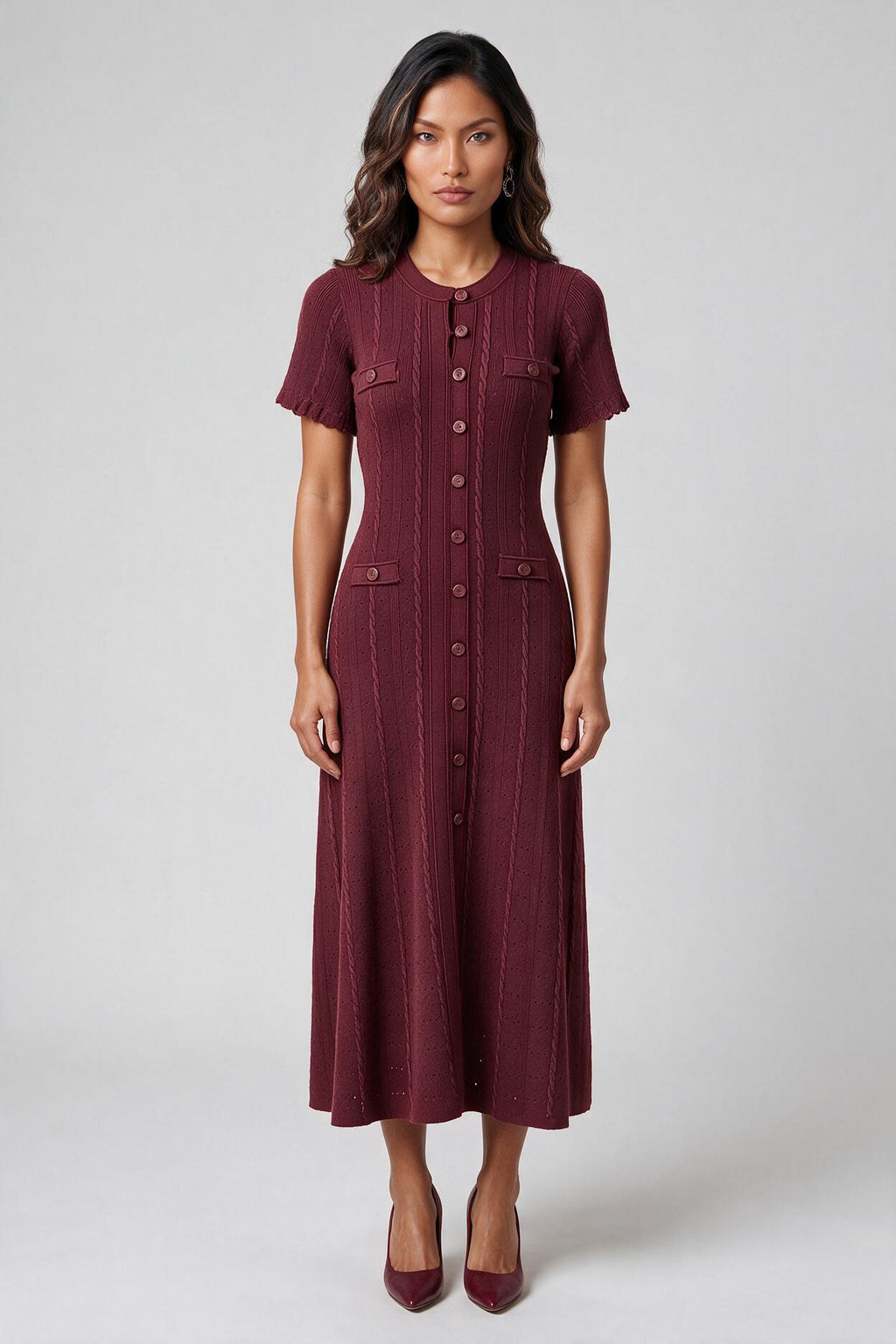 Burgundy Cable-Knit Button-Front Midi Dress | Fitted Waist A-Line Sweater Dress