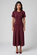 Burgundy Cable-Knit Button-Front Midi Dress | Fitted Waist A-Line Sweater Dress