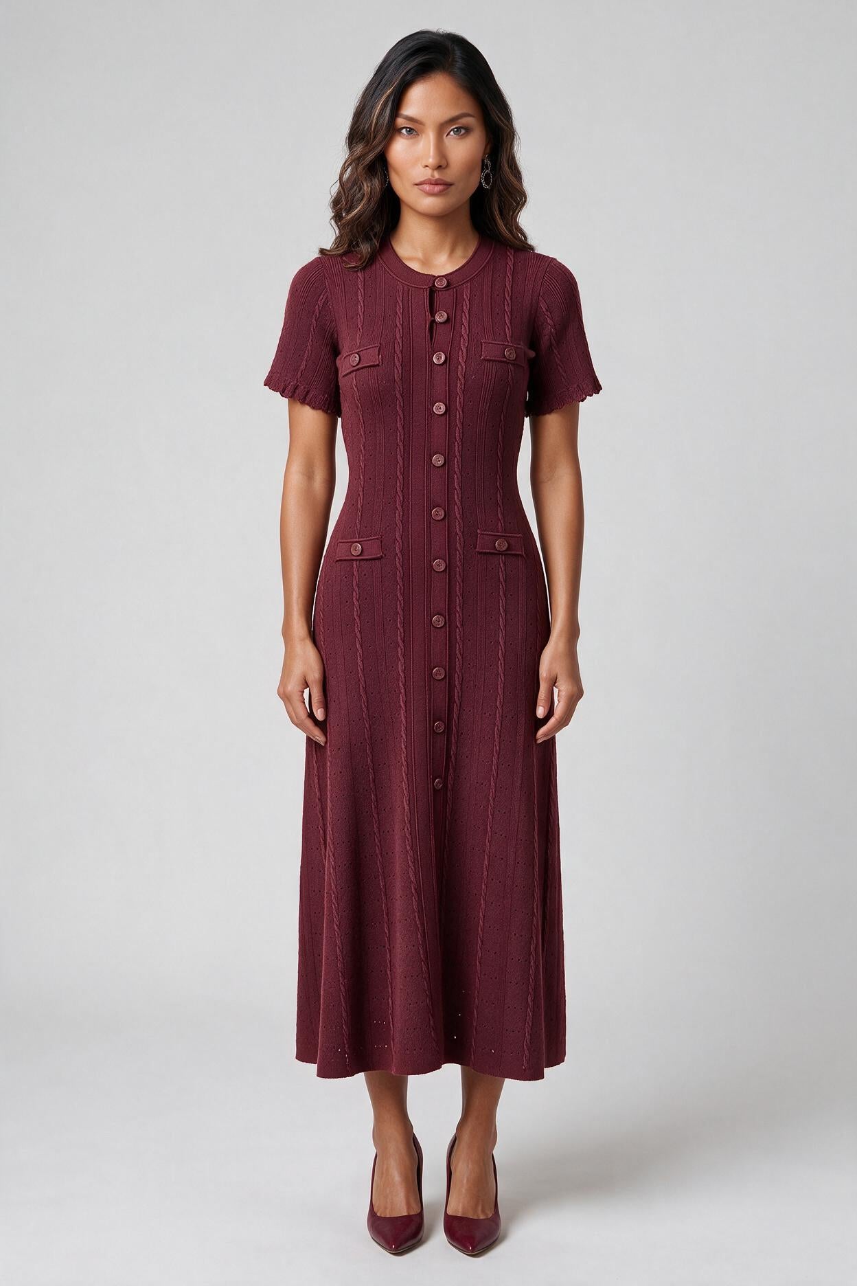 Burgundy Cable-Knit Button-Front Midi Dress | Fitted Waist A-Line Sweater Dress