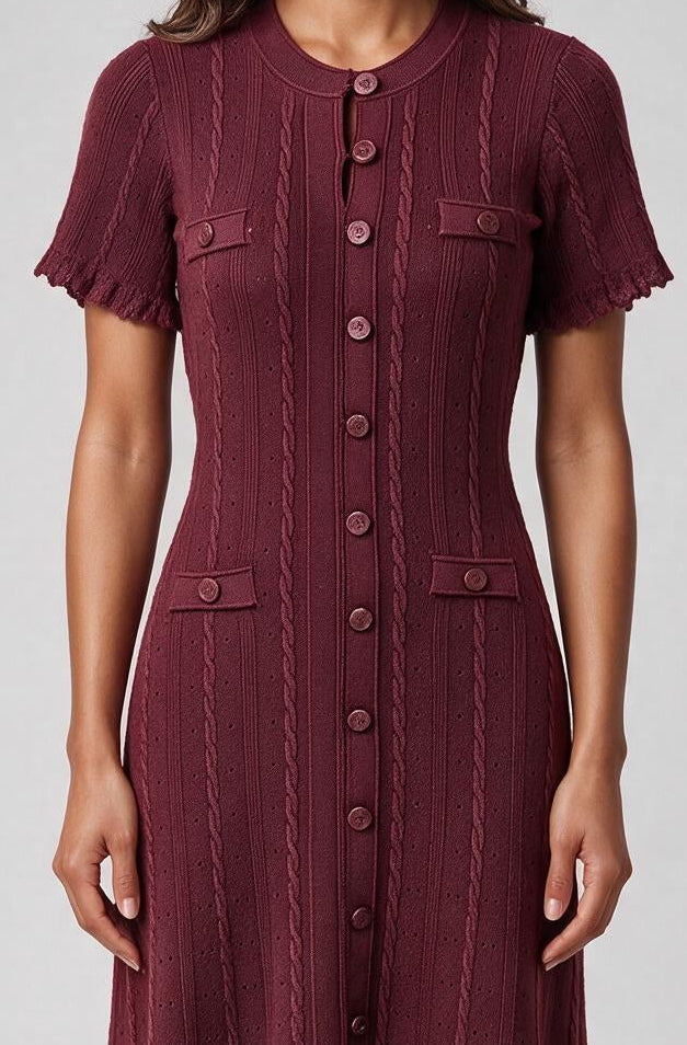 Burgundy Cable-Knit Button-Front Midi Dress | Fitted Waist A-Line Sweater Dress
