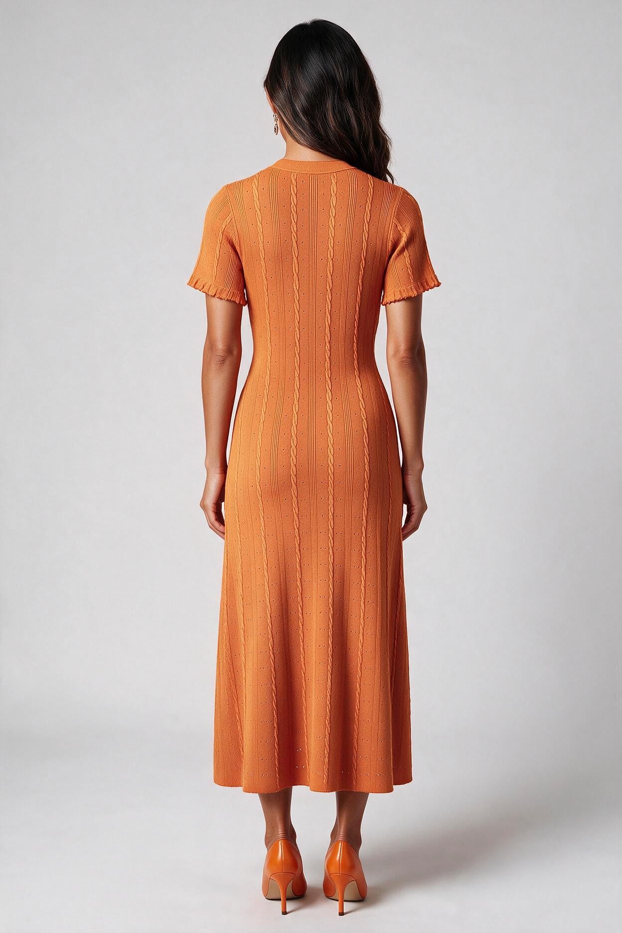Orange Cable-Knit Button-Front Midi Dress | Fitted Waist A-Line Sweater Dress