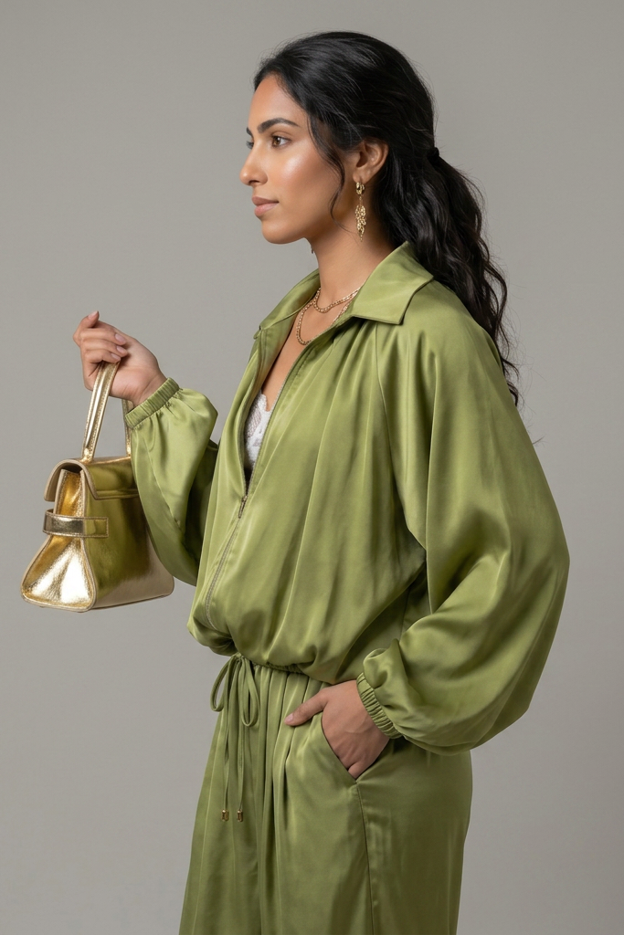 Olive Green Balloon Sleeve Loungewear Set