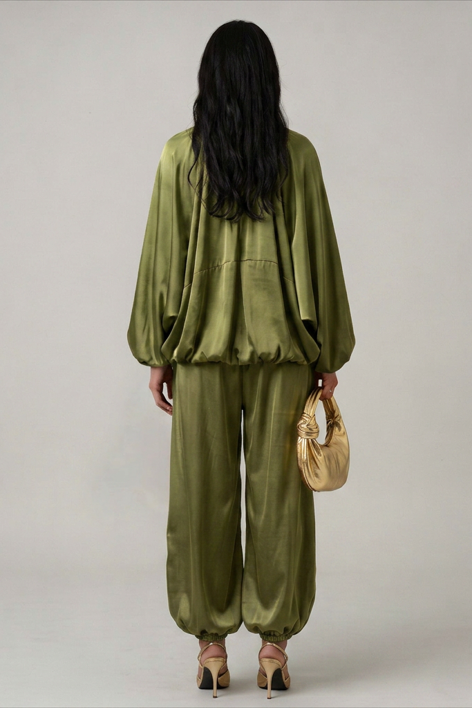 Olive Green Balloon Sleeve Loungewear Set