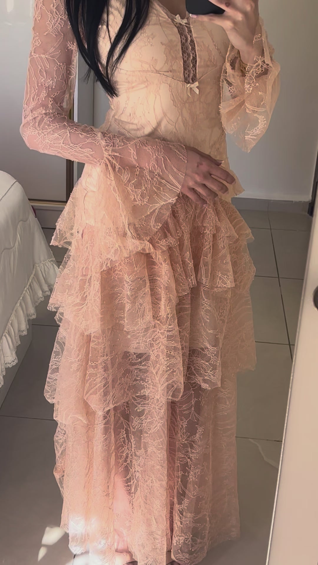 Nude Tiered Lace Maxi Dress - Same Day delivery in UAE