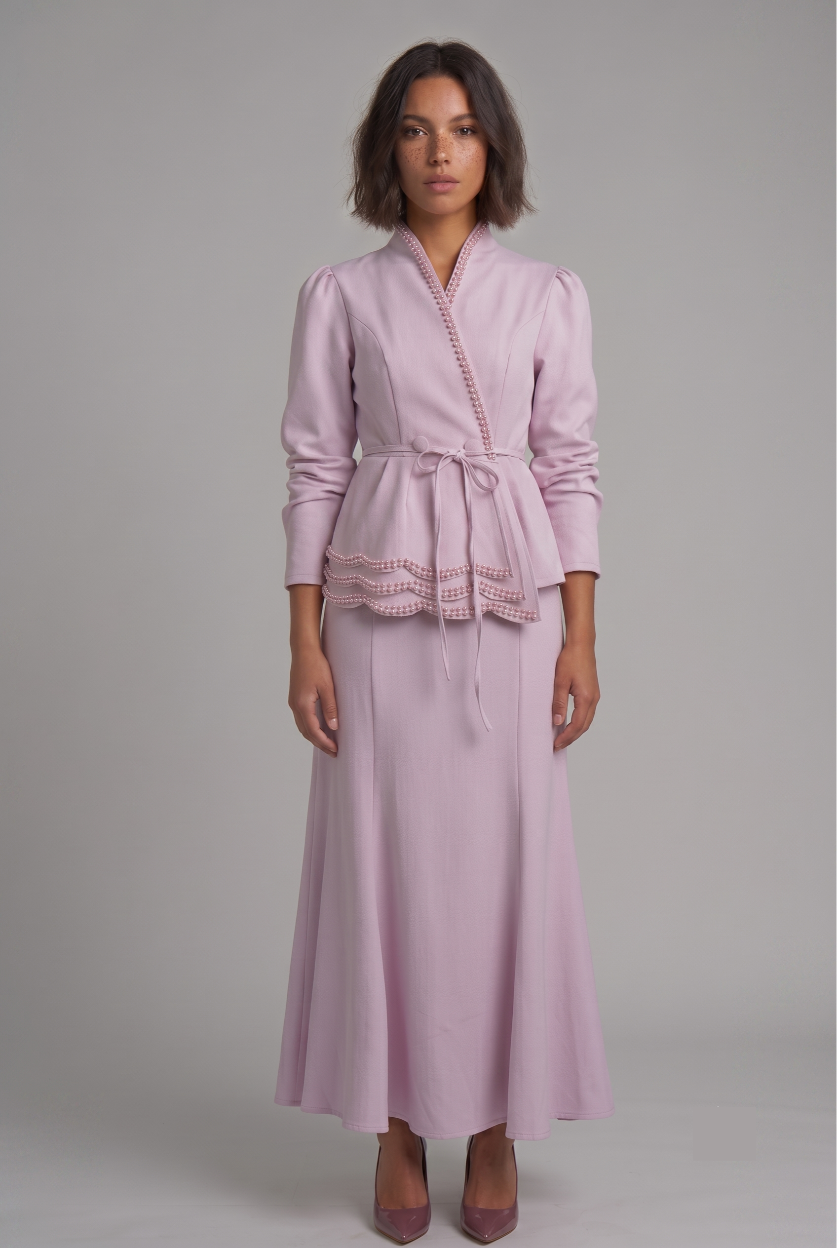 Lilac Pearl-Trim Peplum Two-Piece Set